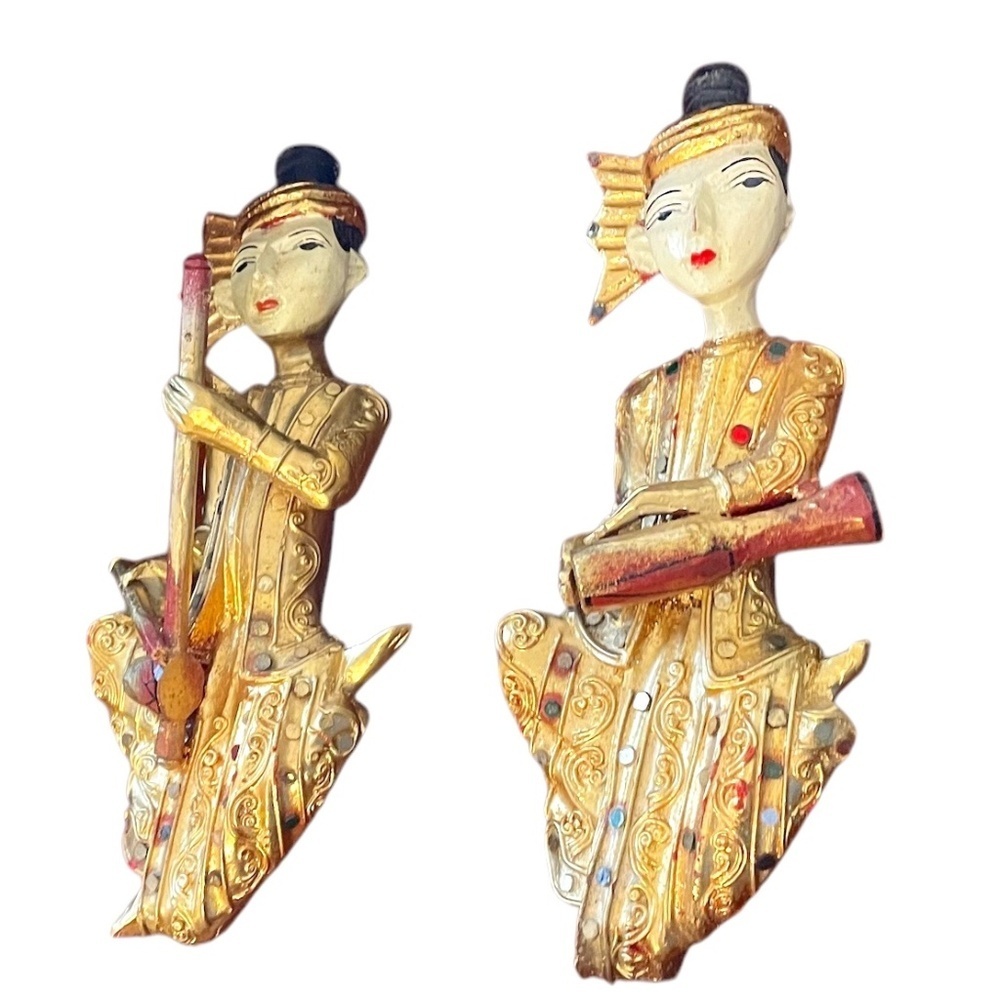 Vintage Hand Crafted Thailand Wood Art‎ With Gold Gilt Wall Hanging Figurines.